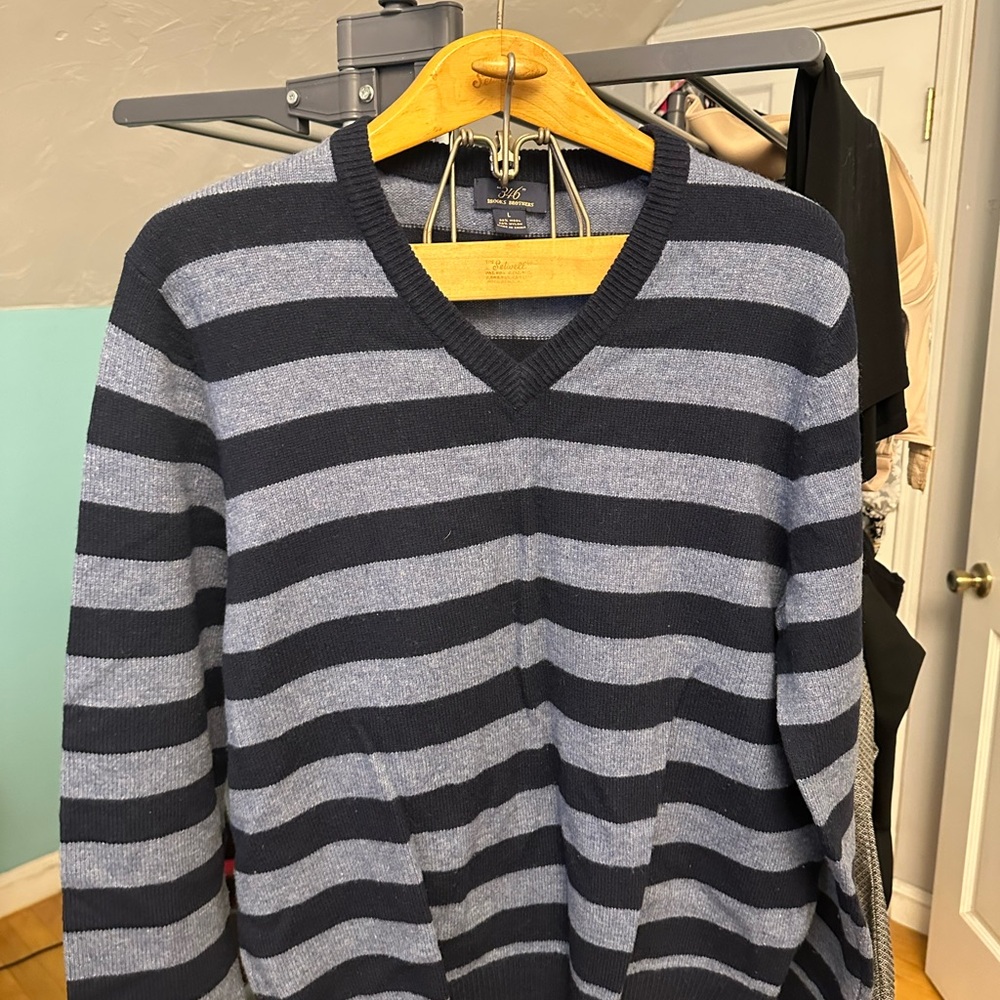 Brooks Brothers Navy and Gray Striped V-Neck Sweater